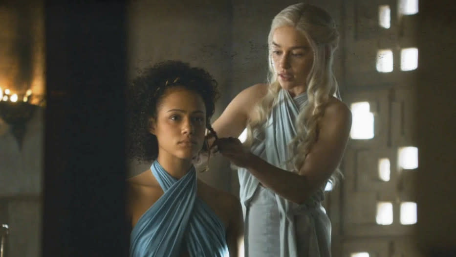 Nathalie Emmanuel as Missandei and Emilia Clarke as Daenerys in 'Game of Thrones'. (HBO)