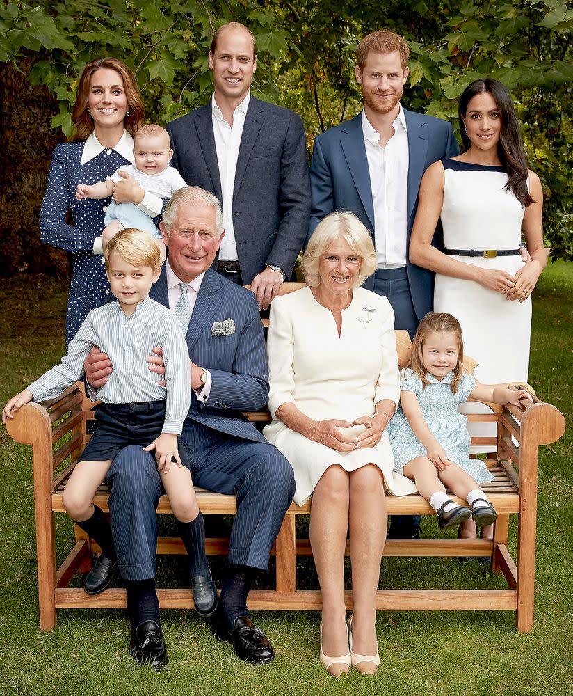 Prince Charles with Their Royal Highnesses Camilla Duchess of Cornwall, Prince Willliam Duke of Cambridge, Catherine Duchess of Cambridge, Prince George, Princess Charlotte, Prince Louis, Prince Harry Duke of Sussex and Meghan Duchess of Sussex