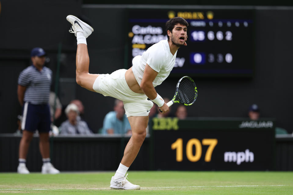 LONDON, ENGLAND - JULY 14:  Carlos Alcaraz (ESP) [1] during his match against Daniil Medvedev [3] in their Gentlemen's Singles Semi-Final match during day twelve of The Championships Wimbledon 2023 at All England Lawn Tennis and Croquet Club on July 14, 2023 in London, England.