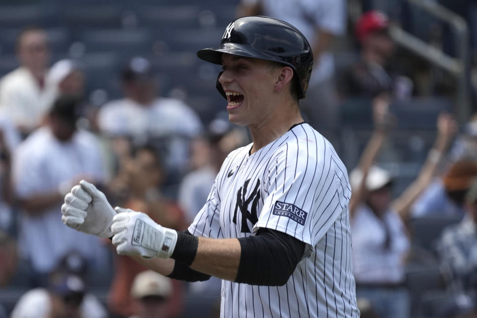 New York Yankees' Ben Rice celebrates hitting a home run during the fifth inning of a baseball game against the Cincinnati Reds, Thursday, July 4, 2024, in New York. (AP Photo/Pamela Smith)