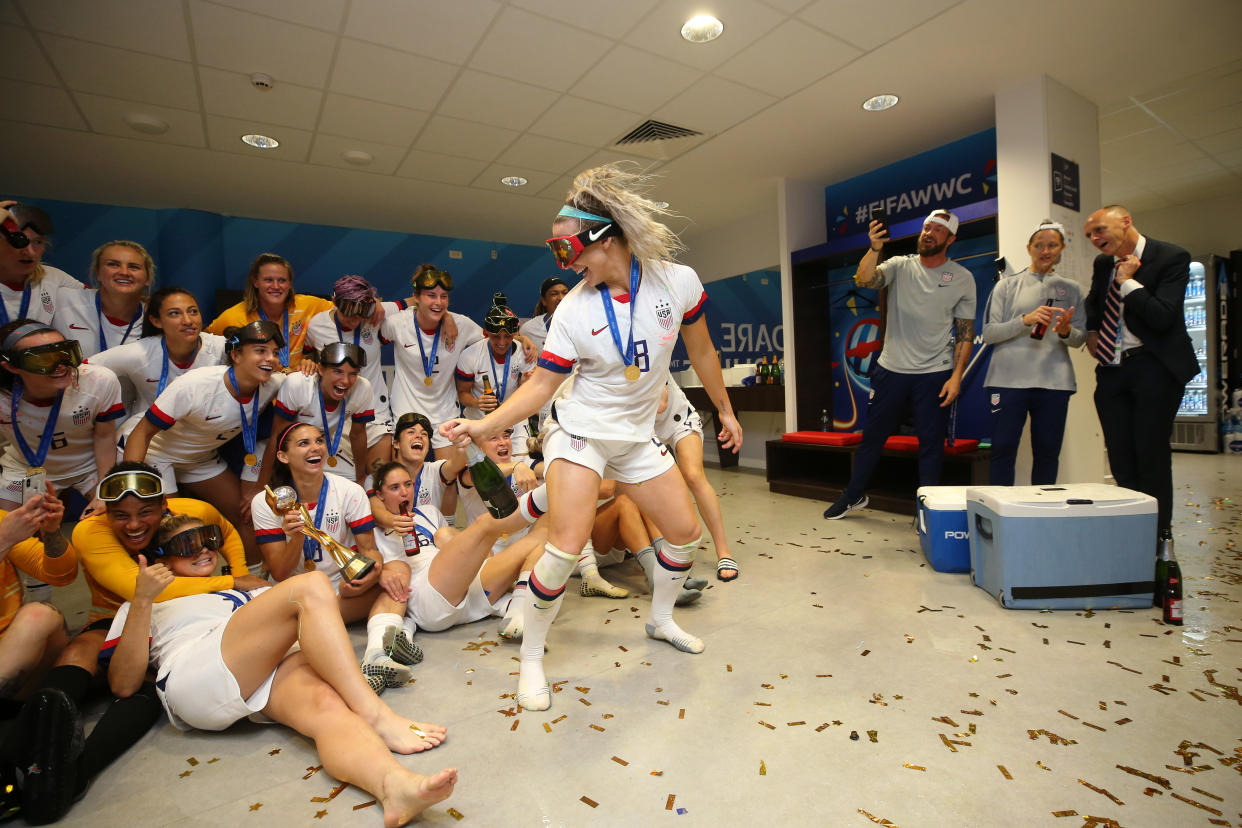 LYON, FRANCE - JULY 07:  Julie Ertz of the USA celebrates in the dressing room following the 2019 FIFA Women's World Cup France Final match between The United States of America and The Netherlands at Stade de Lyon on July 07, 2019 in Lyon, France. (Photo by Maddie Meyer - FIFA/FIFA via Getty Images)