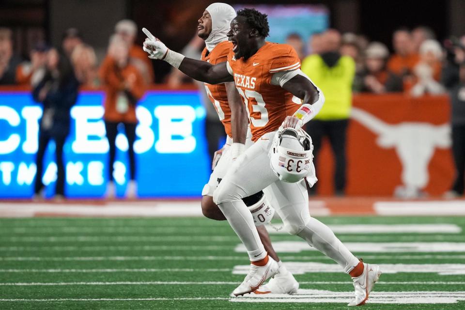 Texas linebacker David Gbenda celebrates a win over Texas Tech last season. The sixth-year linebacker likes how the UT defense has looked early in spring practice, especially the new faces from the transfer portal.