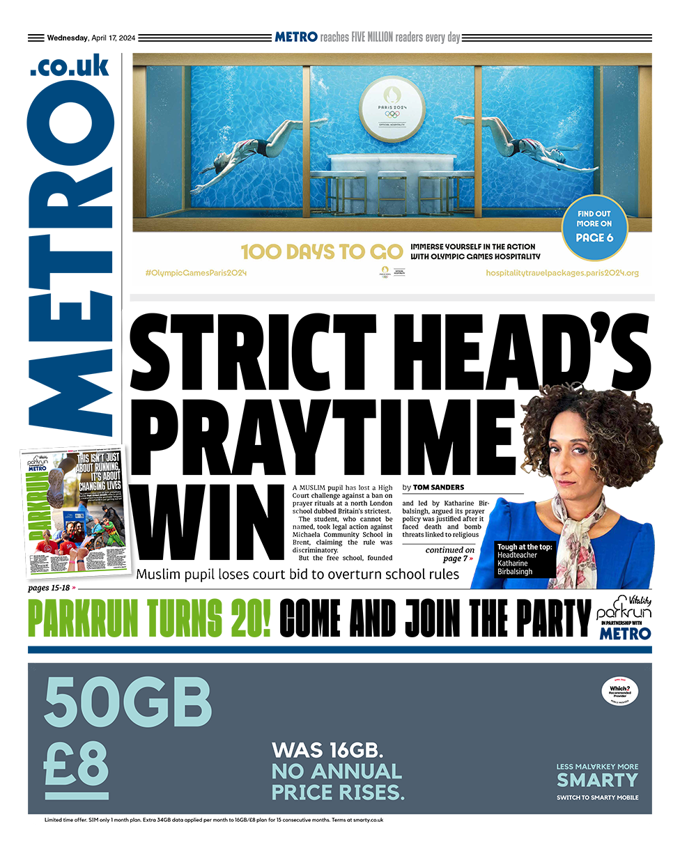 The headline in the Metro reads: "Strict head's praytime win".