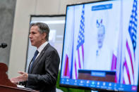 Secretary of State Antony Blinken speaks during a virtual joint news conference with Philippine Foreign Secretary Enrique Manalo at the Peninsula Hotel in Manila, Philippines, Saturday, Aug. 6, 2022. Blinken is on a ten-day trip to Cambodia, Philippines, South Africa, Congo, and Rwanda. (AP Photo/Andrew Harnik, Pool)