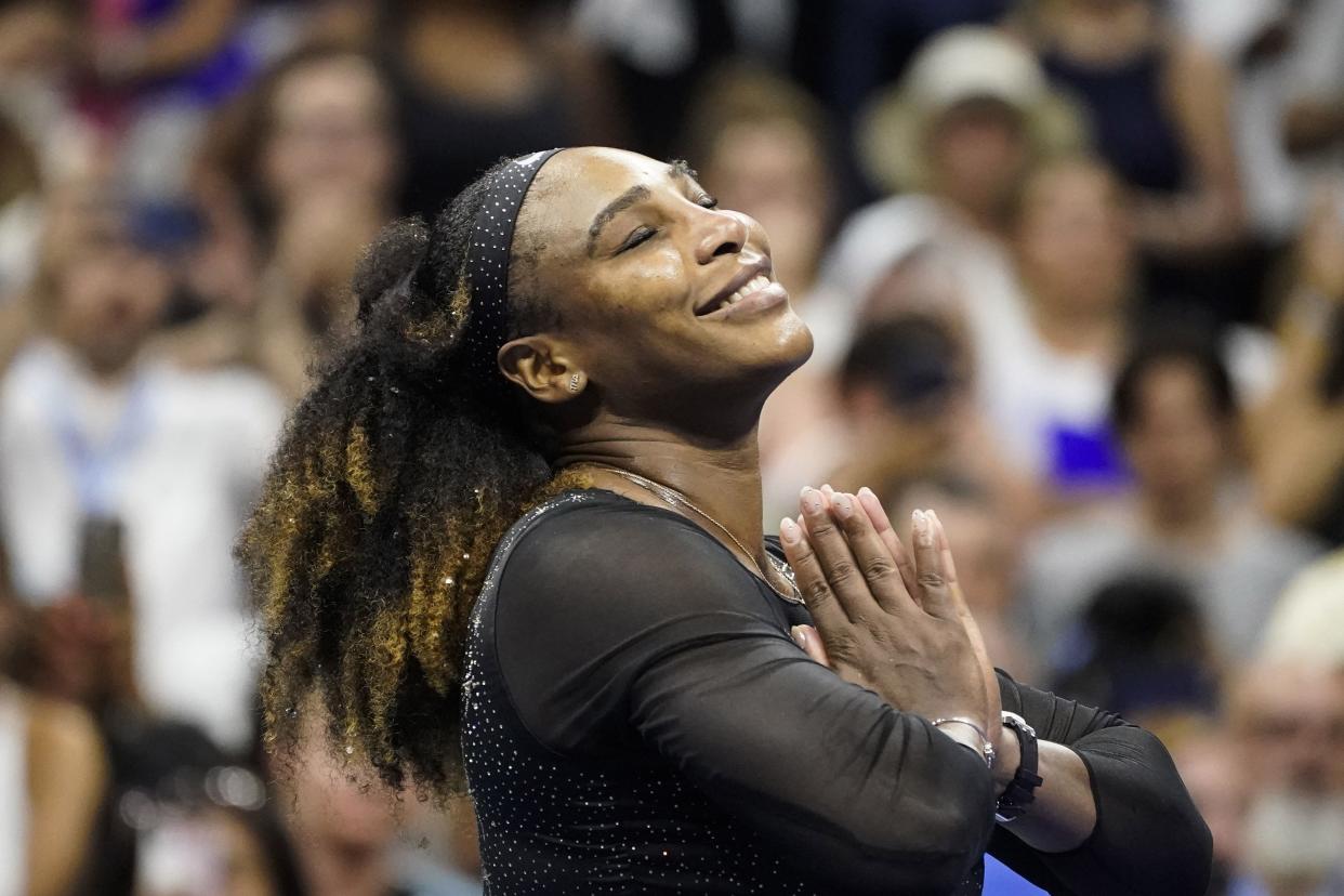 Serena Williams, of the United States, reacts after defeating Danka Kovinic, of Montenegro, during the first round of the U.S. Open tennis championship on Monday, Aug. 29, 2022, in New York.