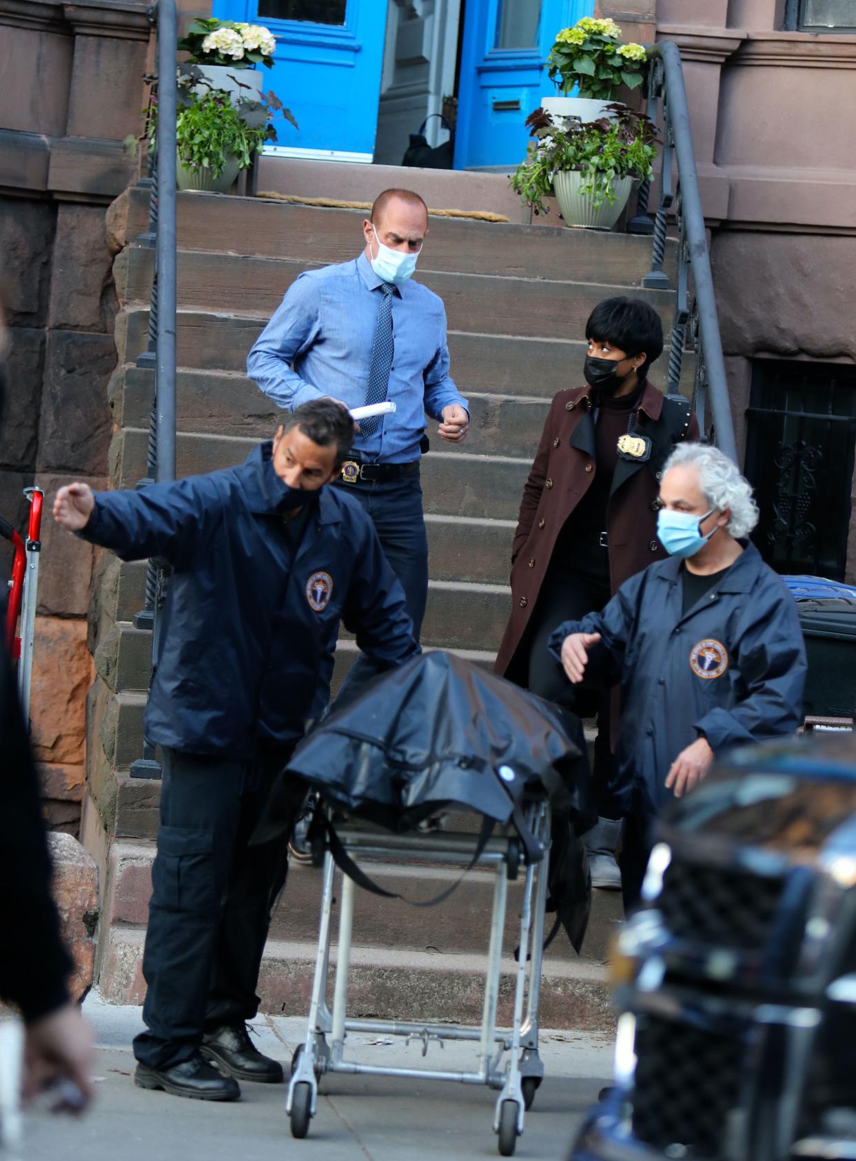 Christopher Meloni and Danielle Moné Truitt are seen on the set of "Law and Order: Organized Crime" on April 6, 2021, in New York City.