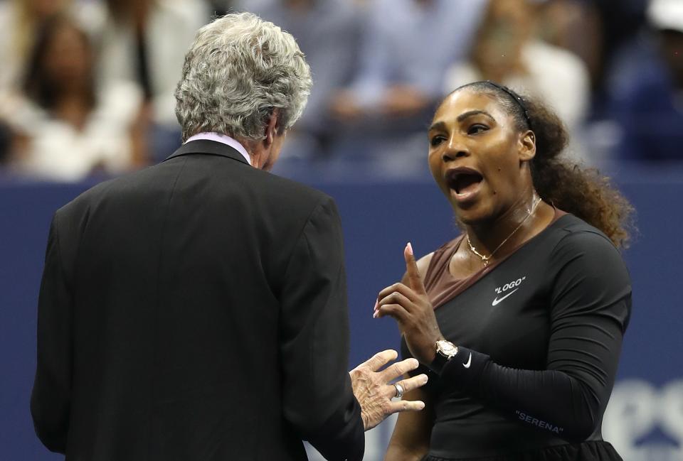 NEW YORK, NY - SEPTEMBER 08:  Serena Williams of the United States argues with referee Brian Earley during her Women's Singles finals match against Naomi Osaka of Japan on Day Thirteen of the 2018 US Open at the USTA Billie Jean King National Tennis Center on September 8, 2018 in the Flushing neighborhood of the Queens borough of New York City.  (Photo by Matthew Stockman/Getty Images)