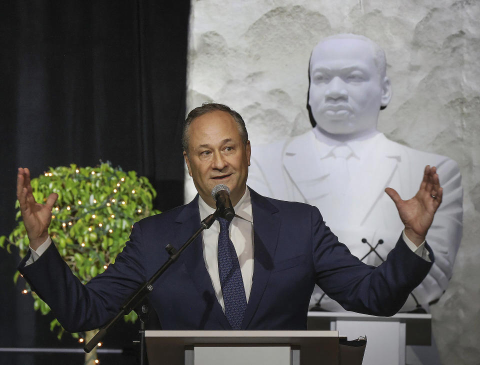 Second Gentleman Douglas Emhoff gives his remarks regarding the legacy of MLK and the importance of future role models in keeping the legacy alive during the Annual Dr. Martin Luther King, Jr. Scholarship Breakfast, Monday, Jan. 16, 2023, at the Miami Beach Convention Center. (Carl Juste/Miami Herald via AP)