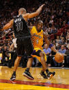 MIAMI, FL - JANUARY 19: Kobe Bryant #24 of the Los Angeles Lakers drives by Shane Battier #31 of the Miami Heat during a game at American Airlines Arena on January 19, 2012 in Miami, Florida. NOTE TO USER: User expressly acknowledges and agrees that, by downloading and/or using this Photograph, User is consenting to the terms and conditions of the Getty Images License Agreement. (Photo by Mike Ehrmann/Getty Images)