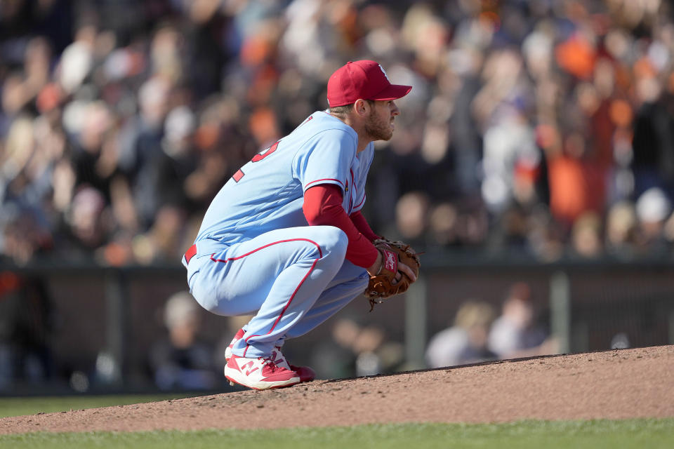 St. Louis Cardinals' pitcher Steven Matz crouches on the mound after giving up a two-run home run to San Francisco Giants' Mauricio Dubon during the second inning of a baseball game, Saturday, May 7, 2022, in San Francisco. (AP Photo/Tony Avelar)