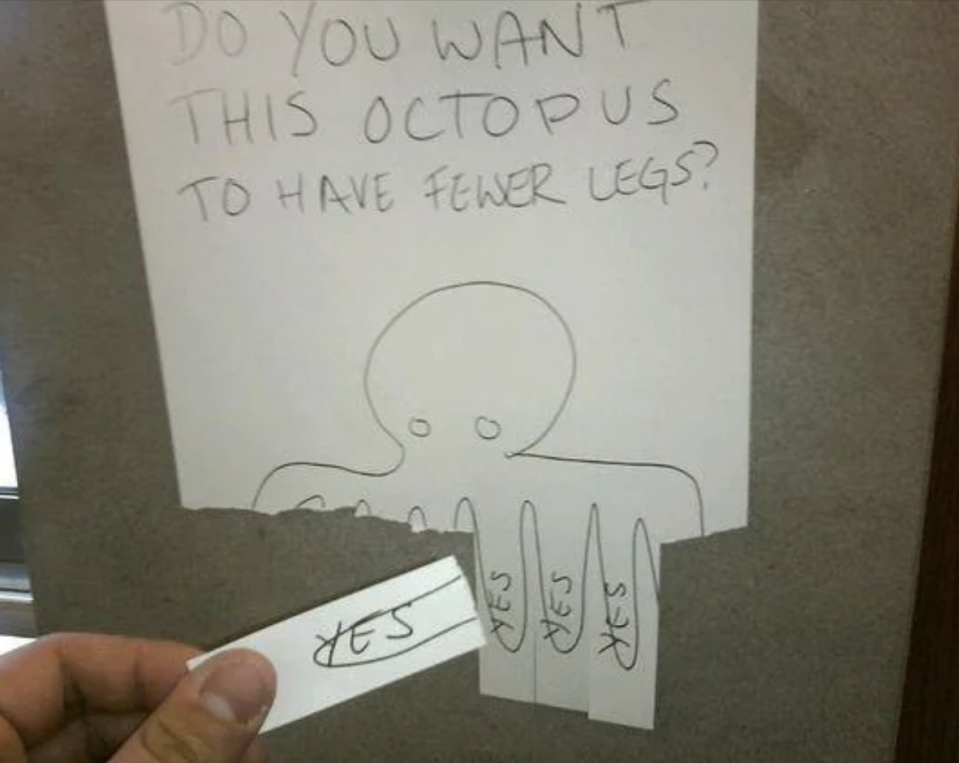 Handwritten note asking if an octopus should have fewer legs, with "Yes" votes shown