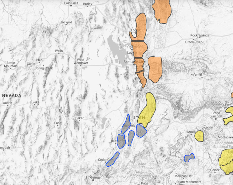 Avalanche danger ratings across the state. Map courtesy of <a href="https://avalanche.org/#/current" rel="nofollow noopener" target="_blank" data-ylk="slk:Avalanche.org;elm:context_link;itc:0;sec:content-canvas" class="link ">Avalanche.org</a>. 