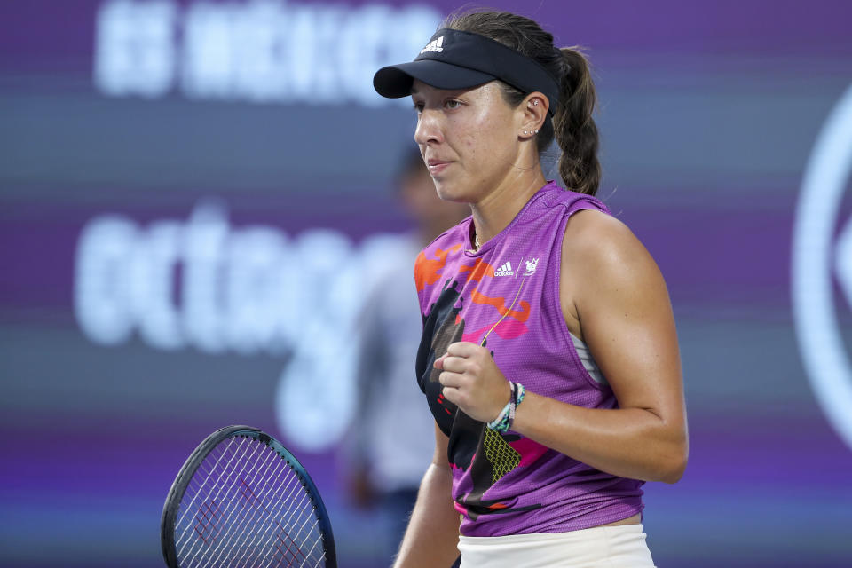 Jessica Pegula, of the United States, reacts during the WTA tennis tournament final match against Maria Sakkari, of Greece, in Guadalajara, Mexico, Sunday, Oct. 23, 2022. (AP Photo/Refugio Ruiz)