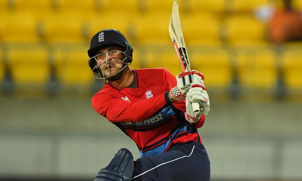 Alex Hales hits a six in a Twenty20 match against New Zealand this month.