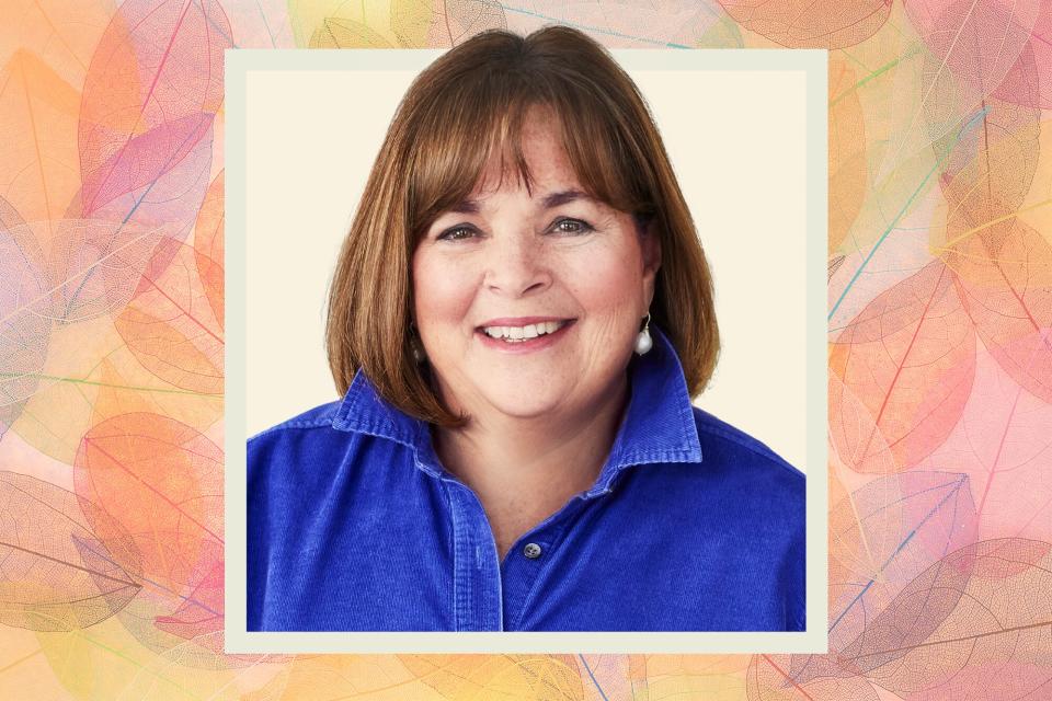 A portrait of Ina Garten on a fall themed background