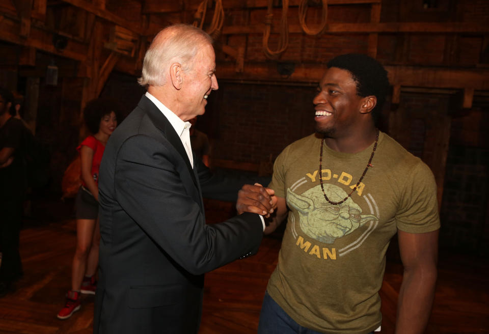 NEW YORK, NY - JULY 27:  Vice President of the United States Joe Biden and Okieriete Onaodowan pose backstage at the hit new musical 'Hamilton' on Broadway at The Richard Rogers Theater on July 27, 2015 in New York City.  (Photo by Bruce Glikas/FilmMagic)