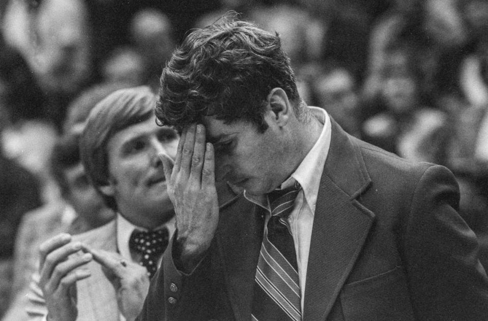 Bobby Knight, coach of the No. 1-ranked Indiana Hoosiers, felt bad on two counts following Kentucky’s 92-90 upset win in the 1975 NCAA Mideast Regional championship game. Knight was also battling the flu.