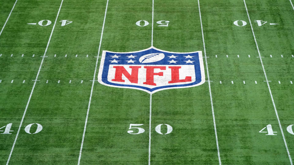 Oct 6, 2019; London, United Kingdom; General overall view of the NFL shield logo at midfield during an NFL International Series game  between the Oakland Raiders and the Chicago Bears at Tottenham Hotspur Stadium. The Raiders defeated the Bears 24-21.  Mandatory Credit: Kirby Lee-USA TODAY Sports