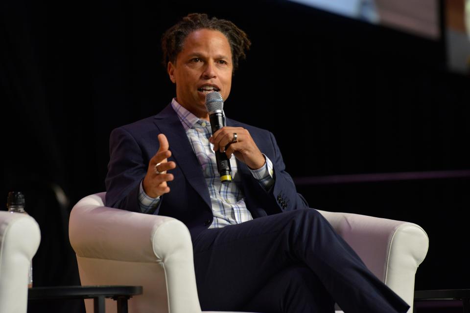 Westlake High graduate Cobi Jones, shown speaking to an event in Cincinnati in 2019, is the co-president and general manager of the Ventura County FC.