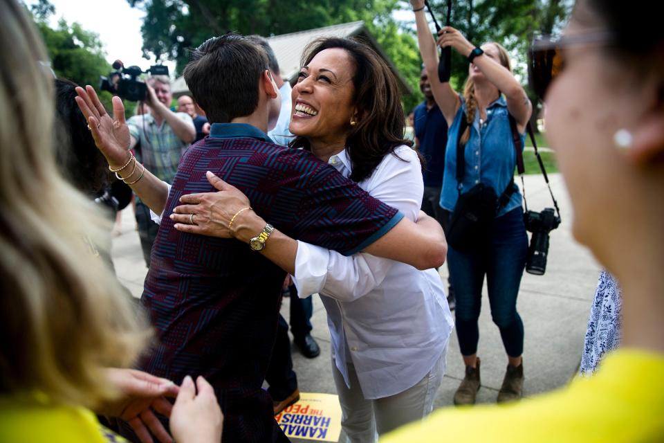 U.S. Sen. Kamala Harris, D-Calif., hugs Keaton Tench, 15 of West Des Moines, as she arrives at the West Des Moines Democrats summer picnic on Wednesday, July 3, 2019, at Legion Park in West Des Moines. 