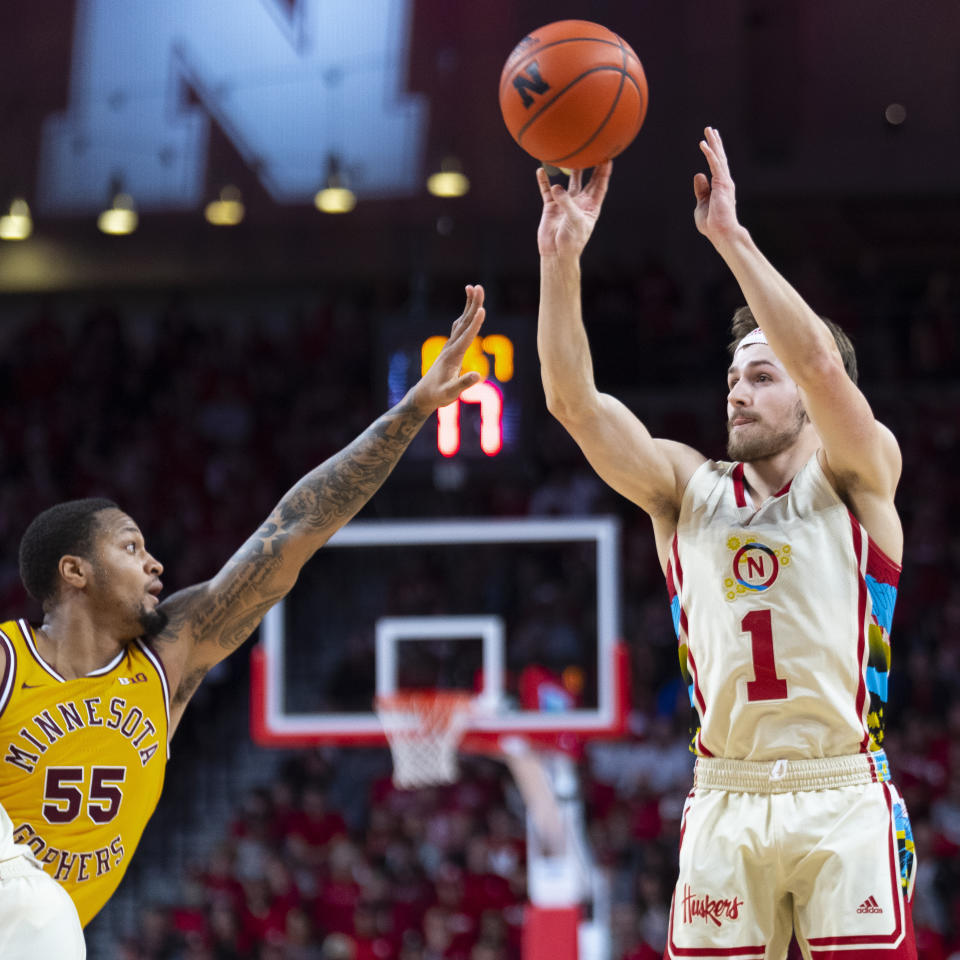 Nebraska's Sam Hoiberg shoots over Minnesota's Ta'Lon Cooper during the first half of an NCAA college basketball game, Saturday, Feb. 25, 2023, at Pinnacle Bank Arena in Lincoln, Neb. (Kenneth Ferriera/Lincoln Journal Star via AP)