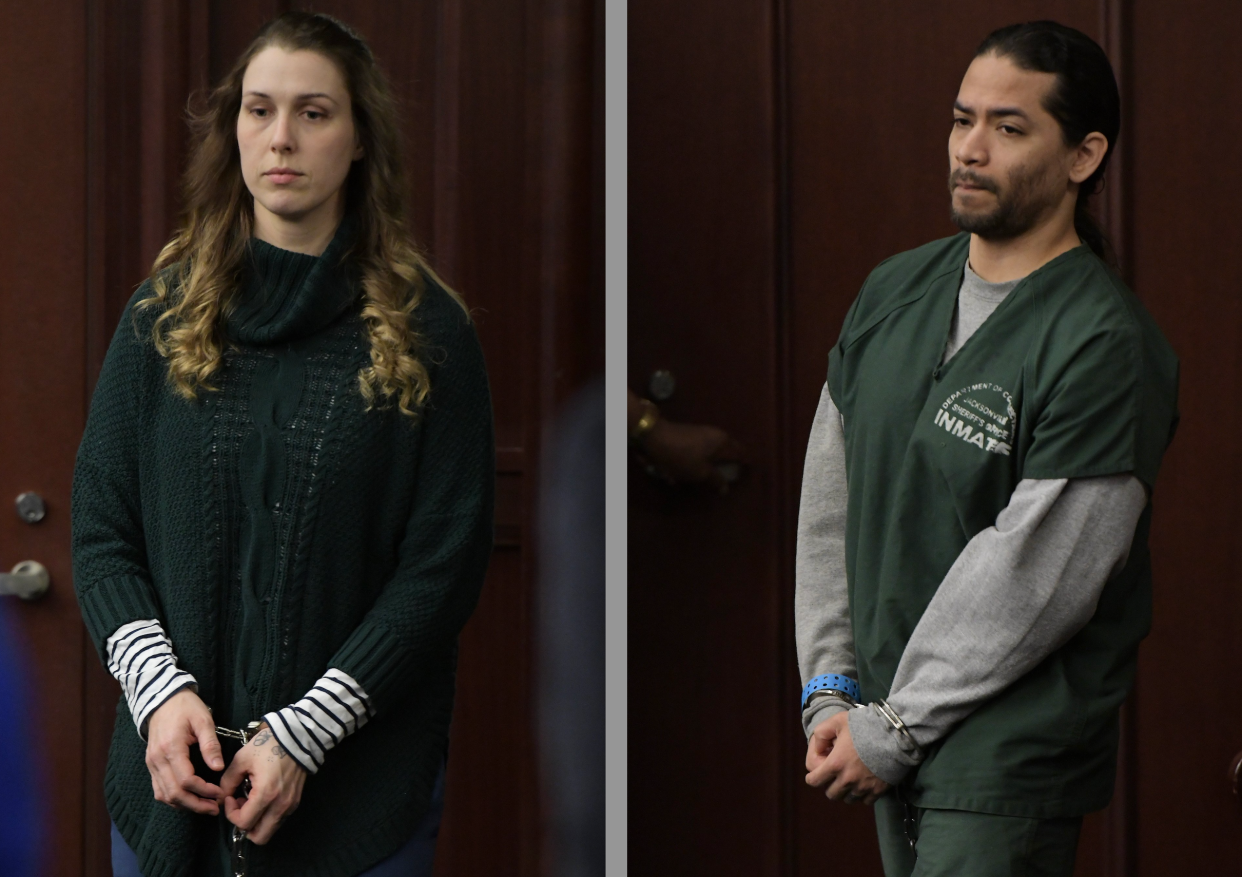 This is a composite photo of Shanna Gardner and Mario Fernandez Saldana during a February court hearing in the death of Jared Bridegan in Jacksonville Beach. The couple is awaiting trial on charges they conspired to ave Gardner's ex-husband murdered.