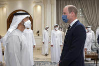 This photo made available by the Ministry of Presidential Affairs, shows Prince William, The Duke of Cambridge, right, offering condolences to Sheikh Mohamed bin Zayed Al Nahyan, President of the UAE and Ruler of Abu Dhabi, on the passing of Sheikh Khalifa bin Zayed Al Nahyan, the late President of the UAE, at the Presidential Airport in Abu Dhabi, UAE, Monday, May 16, 2022. (Hamad Al Kaabi/ Ministry of Presidential Affairs via AP)