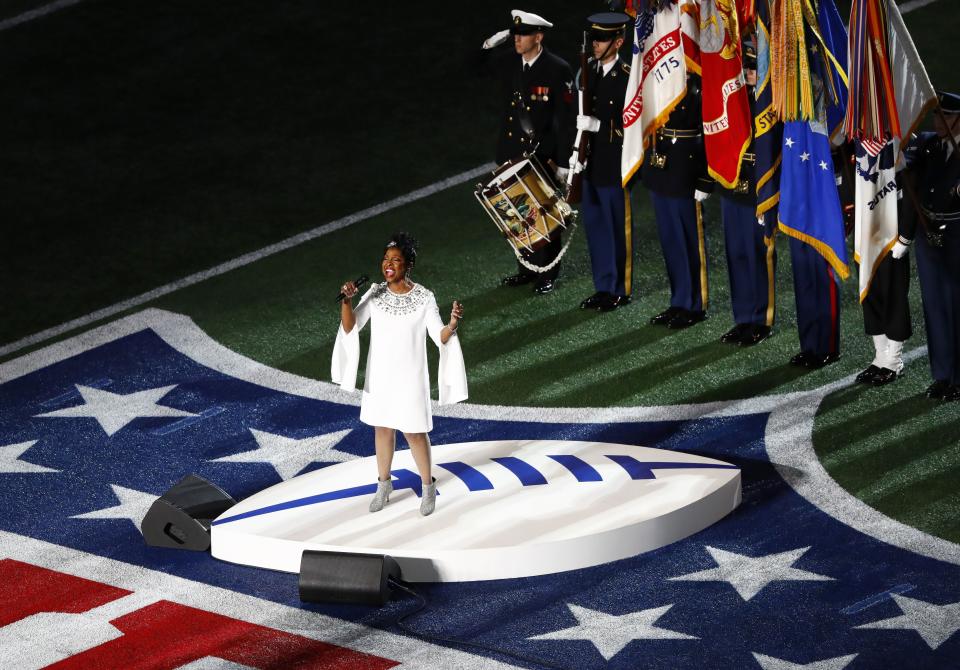 US singer Gladys Knight sings the national anthem before the start of Super Bowl LIII between the New England Patriots and the Los Angeles Rams at Mercedes-Benz Stadium in Atlanta, Georgia, USA, 03 February 2019.