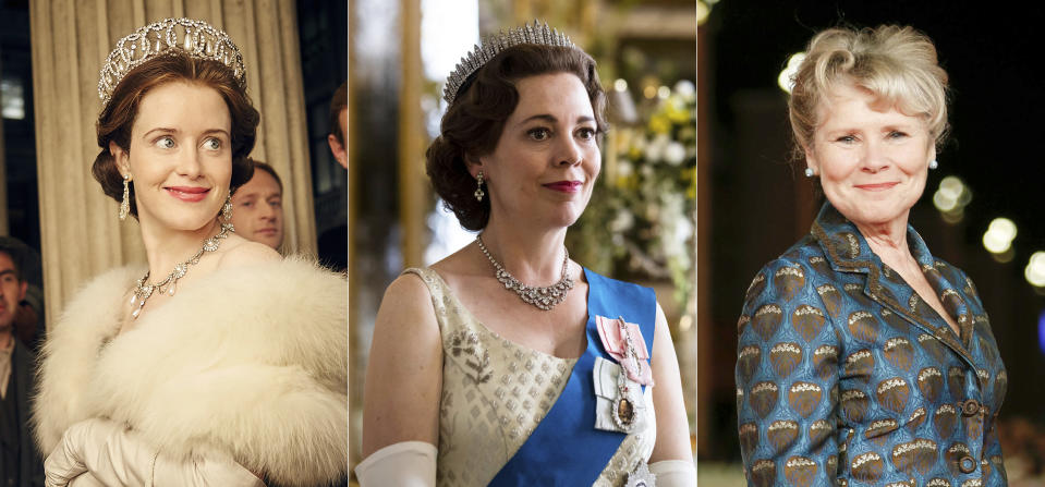 En esta combinación de fotos, Claire Foy como una joven reina Isabel II, Olivia Colman como la reina Isabel en la mediana edad e Imelda Staunton, la última actriz que interpretará a la monarca británica en la serie de Netflix "The Crown". (Netflix vía AP, y AP Foto)