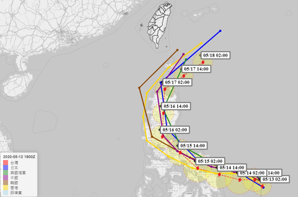 各國官方單位對於黃蜂颱風的路徑比較。（翻攝自氣象達人彭啟明臉書）