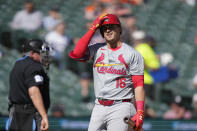 St. Louis Cardinals' Nolan Gorman walks to the dugout after striking out during the fifth inning in the first game of a baseball doubleheader against the Detroit Tigers, Tuesday, April 30, 2024, in Detroit. (AP Photo/Carlos Osorio)