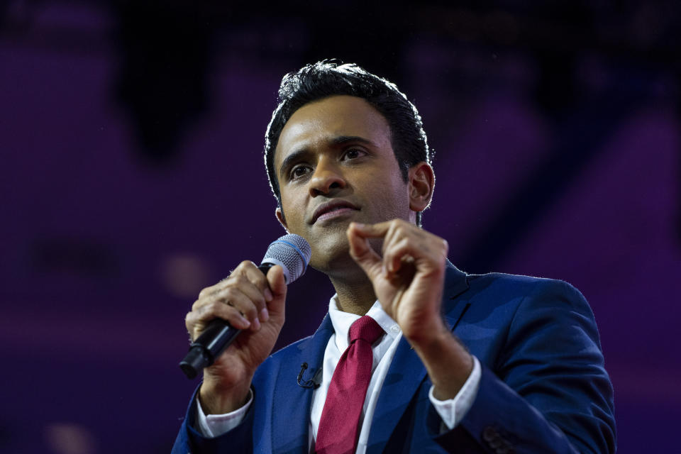 FILE - Vivek Ramaswamy speaks at the Conservative Political Action Conference, on March 3, 2023, at National Harbor in Oxon Hill, Md. “I was raised in a belief system where there is one true God who empowers each of us with our own capacities,” he says. “As we say in the Hindu tradition, God resides in each one of us. In the Christian tradition, you say we’re all made in the image of God.” (AP Photo/Alex Brandon, File)