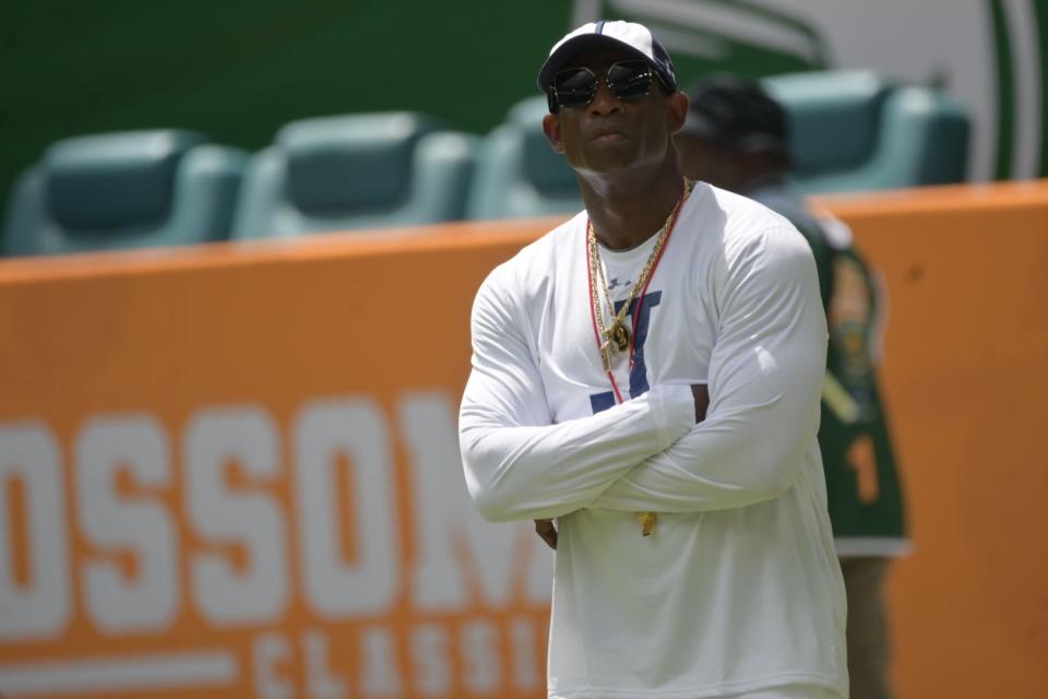 Jackson State University head coach Deion Sanders looks on during pregame of Orange Blossom Classic at Hard Rock Stadium in Miami Gardens, Sept. 4, 2022