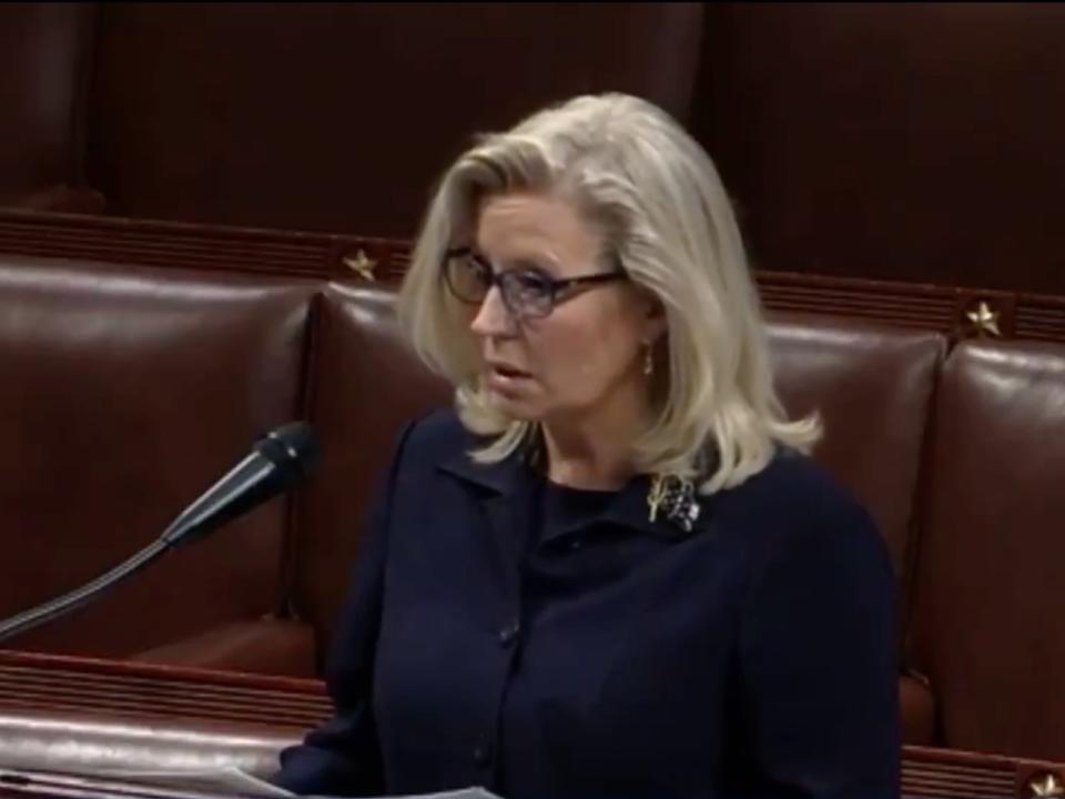 Liz Cheney speaks out against Donald Trump on the floor of the House of Representatives on the eve of a vote to remove her as chair of the Republican conference (CSPAN)