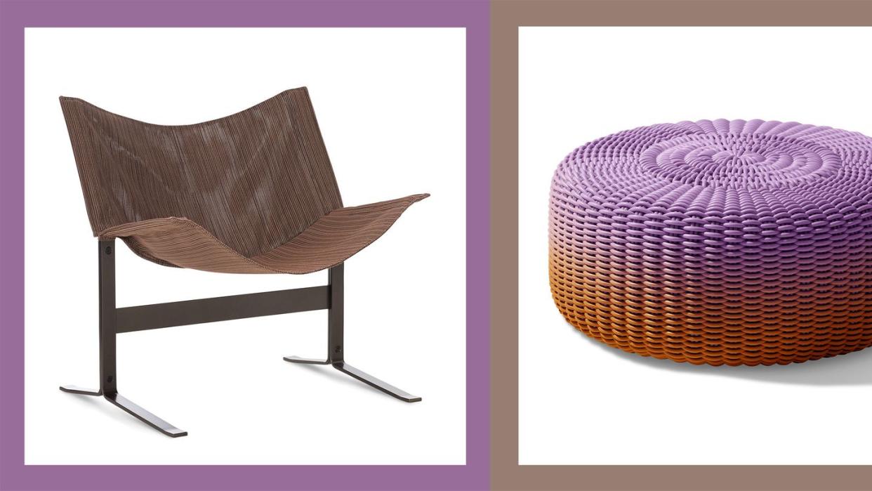 chair on the left and a purple moire pouf on the right