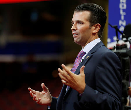 FILE PHOTO: Donald Trump Jr. gives a television interview at the 2016 Republican National Convention in Cleveland, Ohio U.S. July 19, 2016. REUTERS/Mark Kauzlarich/File photo