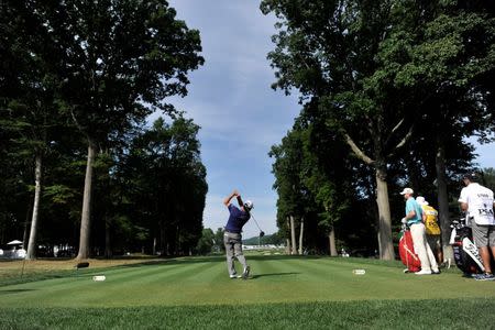 Jul 28, 2016; Springfield, NJ, USA; Robert Streb tees off on the fifth holeduring the first round of the 2016 PGA Championship golf tournament at Baltusrol GC - Lower Course. Eric Sucar-USA TODAY Sports