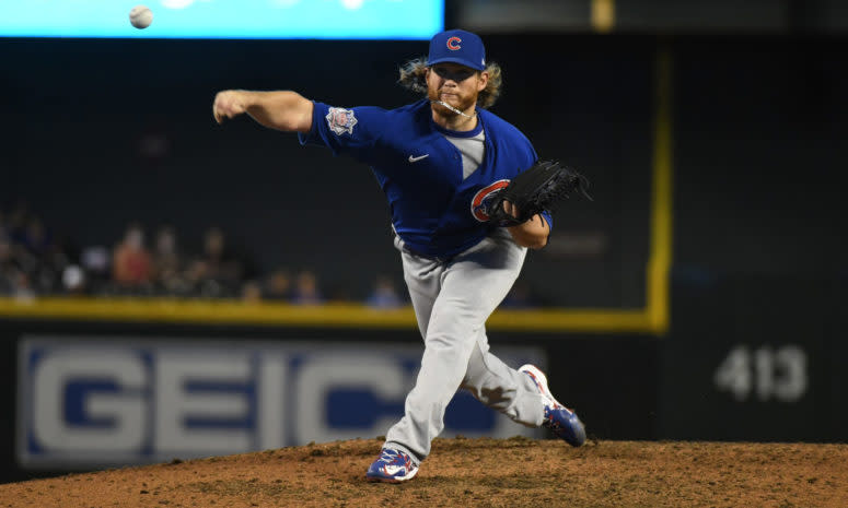 Chicago Cubs closer Craig Kimbrel throws a pitcher.