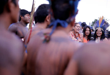 Indian Leader Sonia Guajajara is pictured with members of same tribe at the Terra Livre camp, or Free Land camp, in Brasilia, Brazil April 24, 2019. REUTERS/Nacho Doce