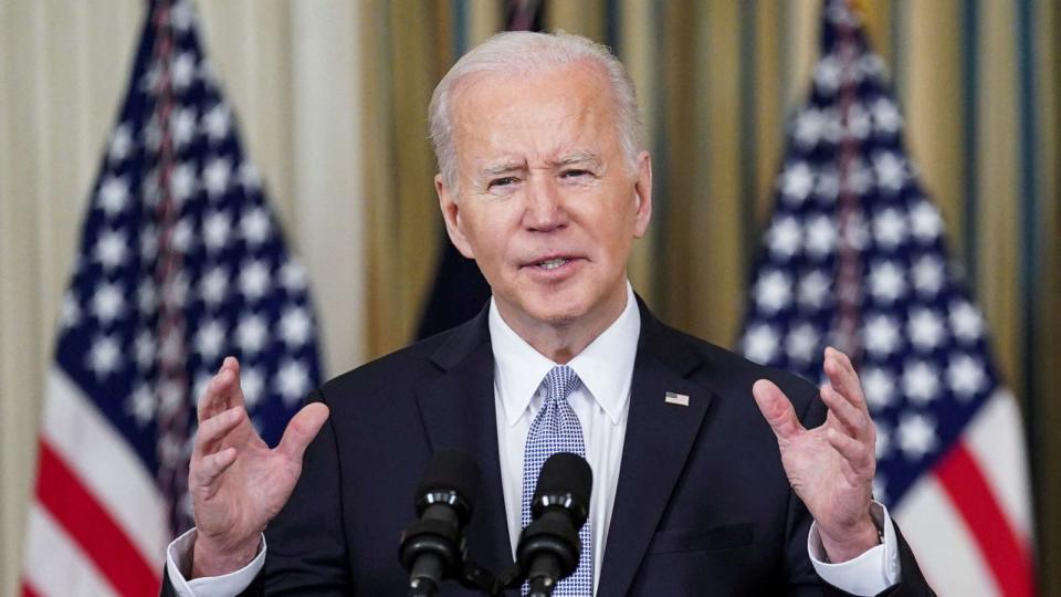 PHOTO: President Joe Biden delivers remarks on the March jobs report, during a speech in the State Dining Room at the White House in Washington, April 1, 2022. (Kevin Lamarque/Reuters)