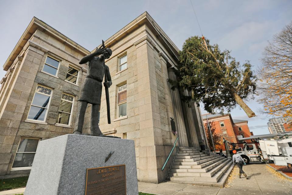 The statue of Lewis Temple at the New Bedford Public Library.