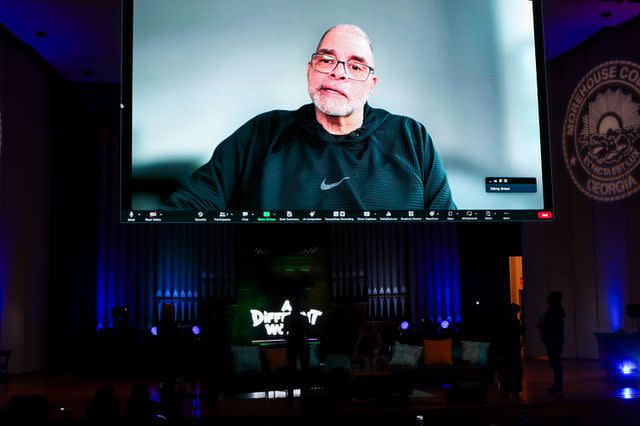 <p> Nykieria Chaney/Getty</p> Sinbad speaks with the audience at Martin Luther King Jr. International Chapel at Morehouse College