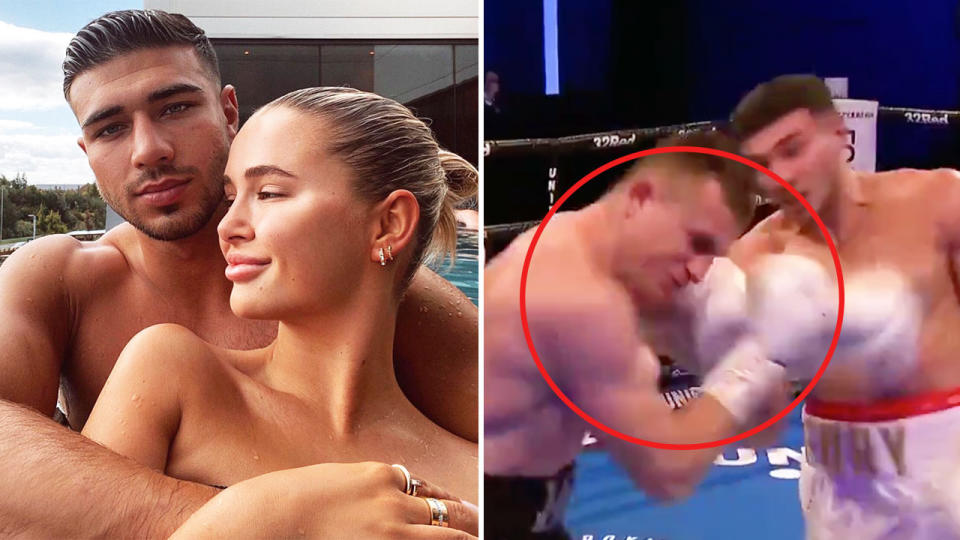 Tommy Fury (pictured left) hugging girlfriend Molly Mae-Hague and (pictured right) delivering a brutal knockout.