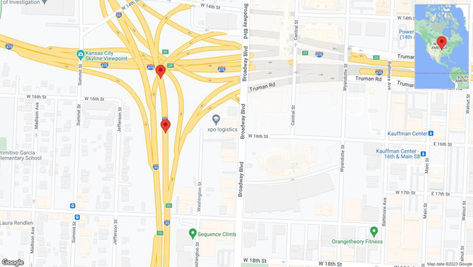 A detailed map that shows the affected road due to 'Broken down vehicle on northbound I-35 in Kansas City' on September 23rd at 2:01 p.m.