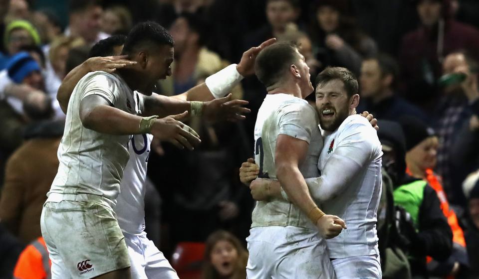 <p>England celebrate the match-winning try against Wales in the Six Nations </p>