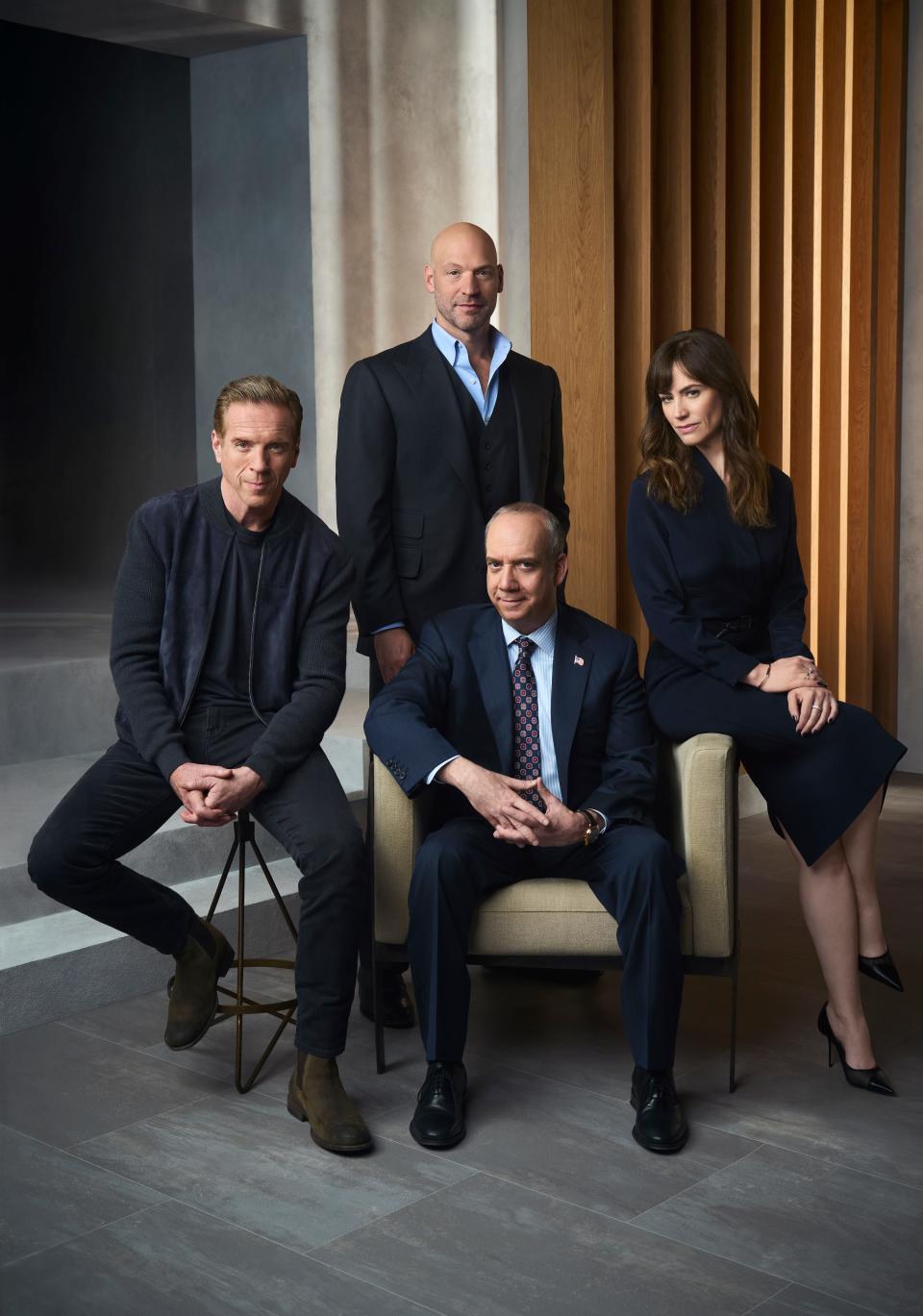 The cast of "Billions" (from left): Damian Lewis as Bobby "Axe" Axelrod, Corey Stoll as Mike Prince, Paul Giamatti as Chuck Rhoades and Maggie Siff as Wendy Rhoades.