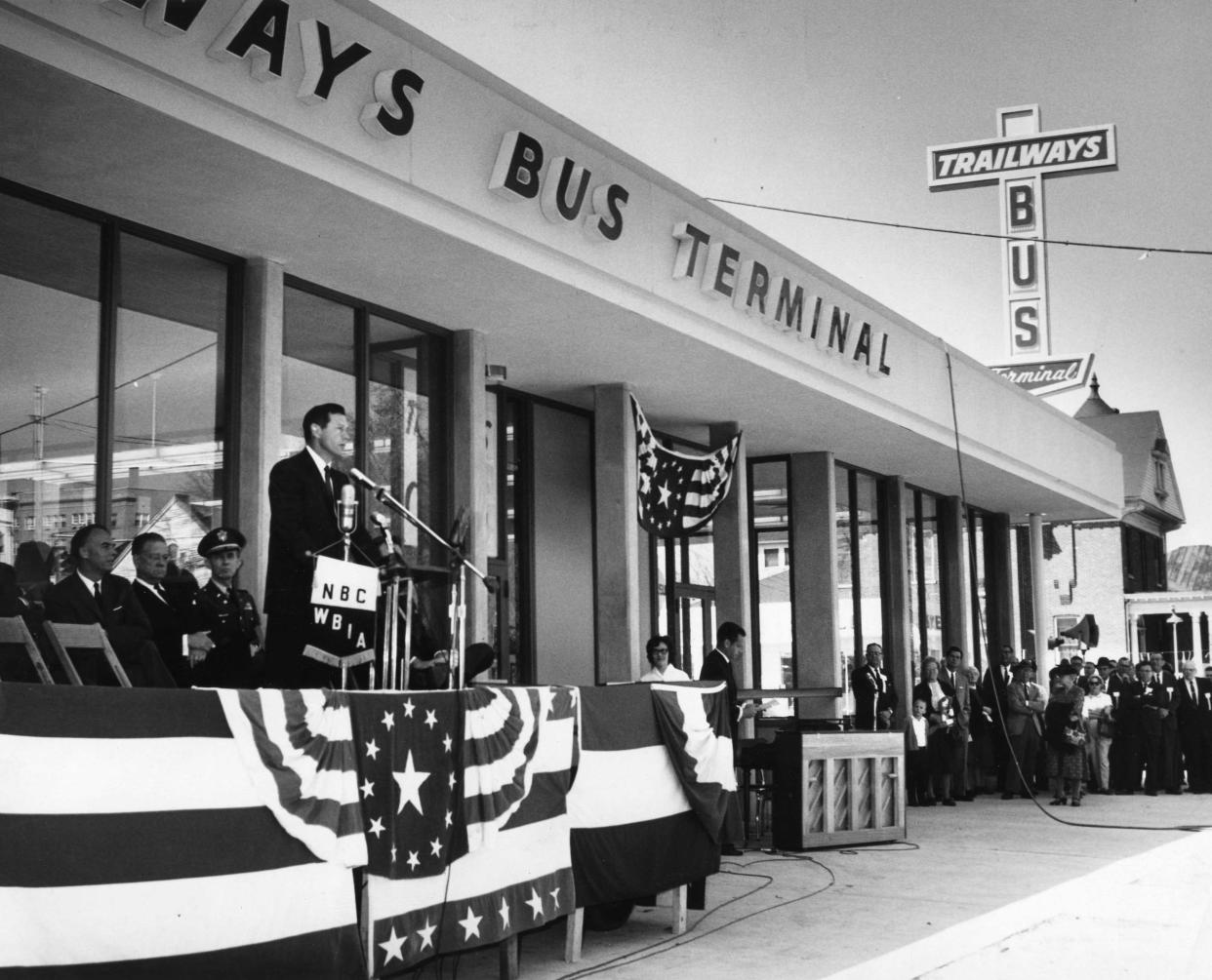 Gov. Carl Sanders speaks at the Trailways terminal dedication ceremony March 18, 1964, in Augusta, Georgia.