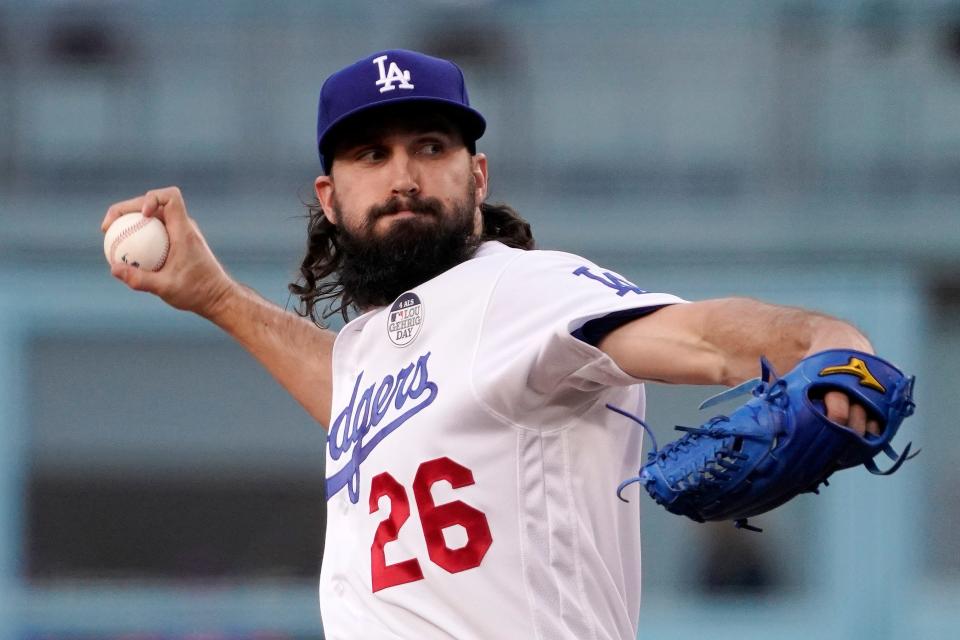 Los Angeles Dodgers starting pitcher Tony Gonsolin throws to the plate during the first inning of a baseball game against the New York Mets Thursday, June 2, 2022, in Los Angeles.