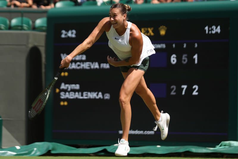 Aryna Sabalenka said she was heartbroken to withdraw from Wimbledon 2024. File Photo by Hugo Philpott/UPI