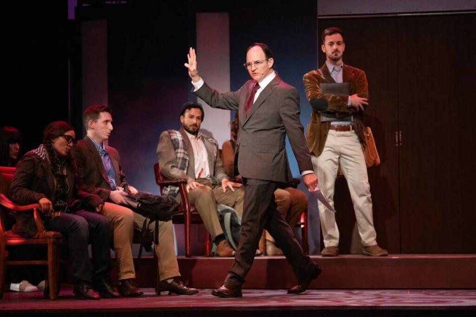 Michael Dean Morgan as the ruthless Professor Callahan advises his law students to seek “blood in the water” in “Legally Blonde the Musical” at Actors’ Playhouse.”